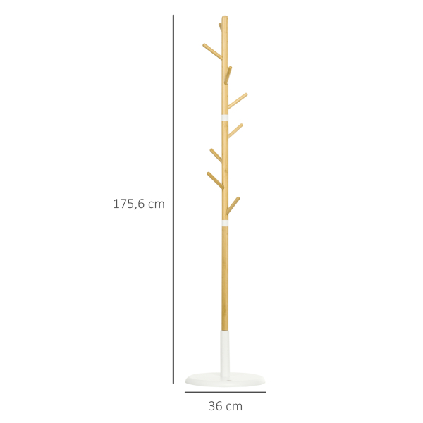 HOMCOM Cabide de Pé de Bambu Moderno com 8 Ganchos para Roupas Bolsas Ø37,8x175,6 cm Madeira e Branco - Image 3