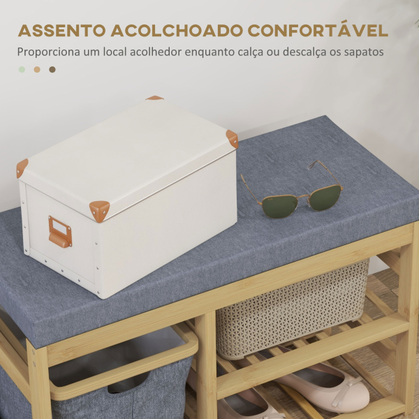 HOMCOM Banco para Sapatos de Bambu Móvel Sapateira com Assento Cesta Amovível e Prateleiras Abertas para 4 Pares de Sapatos 69x30x45 cm Madeira - Image 4
