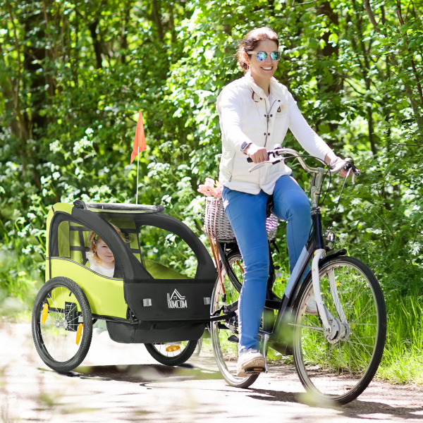 HOMCOM Reboque de Bicicleta para Crianças de 2 Lugares com Cinto de Segurança e Sistema de Amortecimento 140x88x90 cm Verde - Image 2