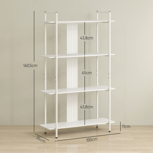 HOMCOM Estante de 4 Níveis Estante para Livros com Painel Perfurado e Estrutura Metálica 100x35x160,5 cm Branco - Image 3