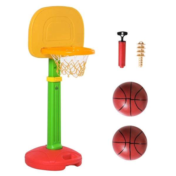 HOMCOM Tabela de Basquetebol Infantil para Crianças acima de 3 anos Altura Ajustável 2 Bolas e Inflador 52,5x44x120-160cm Amarelo Verde Vermelho