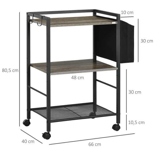 HOMCOM Carrinho Auxiliar com Rodas Carrinho de Armazenamento de 3 Níveis com Bolsa de Tecido 2 Ganchos 66x40x80,5cm Cinza - Image 3