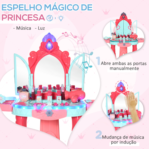 AIYAPLAY Toucador Infantil com Banco Espelho Luz Música e Secador Inclui 18 Acessórios Toucador de Maquilhagem 57x34x76cm Multicor - Image 4