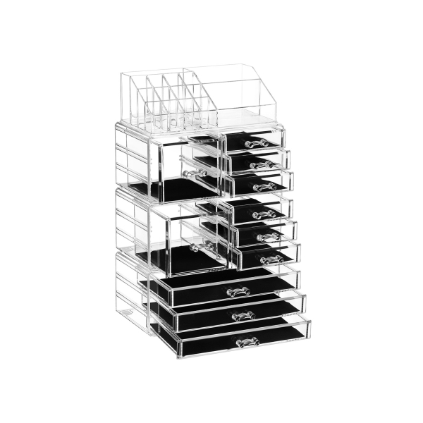 Organizador de maquiagem SONGMICS 4 em 1 XXL, caixa de maquiagem com 11 gavetas e 15 compartimentos em tamanhos diferentes, almofadas antiderrapantes, para cosméticos e joias, transparente JKA017TP