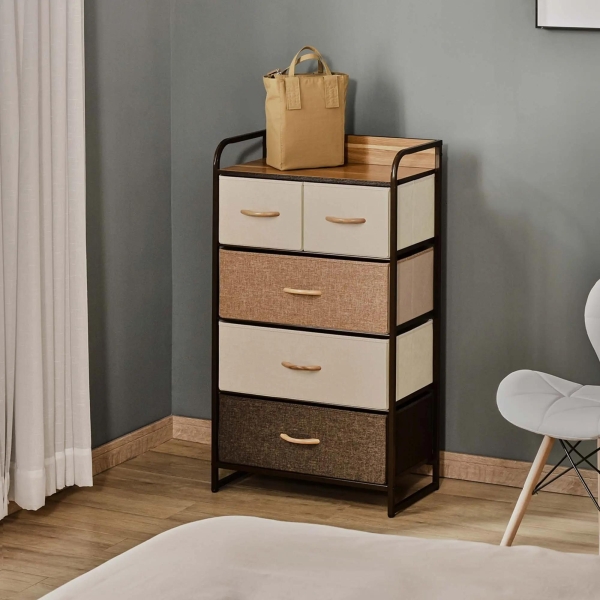 HOMCOM Cómoda de Tecido com 5 Cestos Removíveis e Dobráveis Base Elevada Móvel de Armazenamento para Dormitório Sala de Estar 58x29x99cm Multicor - Image 2