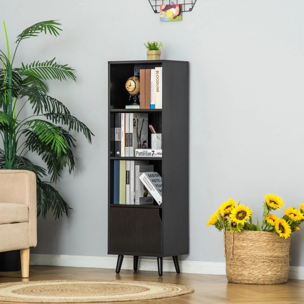 HOMCOM Estante com 3 Prateleiras Abertas e 1 Fechada com Porta Estante de Estilo Moderno para Armazenamento de Livros Brinquedos Plantas 40x30x129,5cm Preto - Image 2