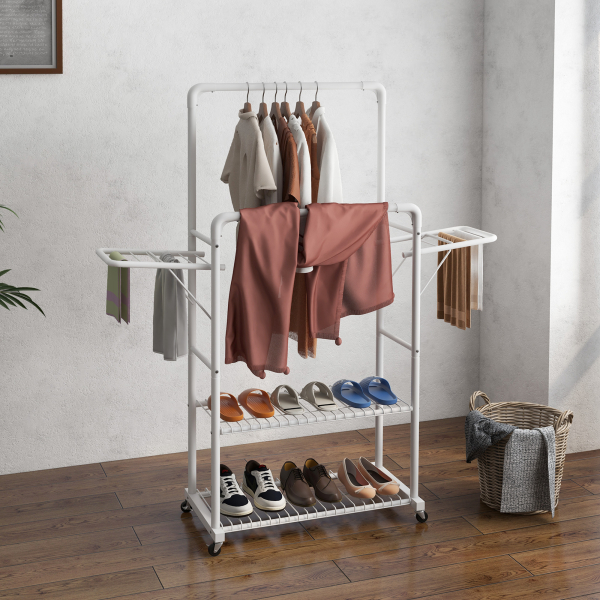 HOMCOM Charriot de Roupa com Rodas com 2 Laterais Dobáveis 2 Trilhos e 2 Prateleiras de Armazenamento 153x43,7x171 cm Branco - Image 2