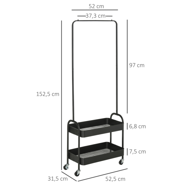 HOMCOM Charriot com Sapateiro Charriot com Rodas Barra de Pendurar e 2 Cestos para Entrada Dormitório Sala de Estar 56,5x31,5x152,5cm Preto - Image 3