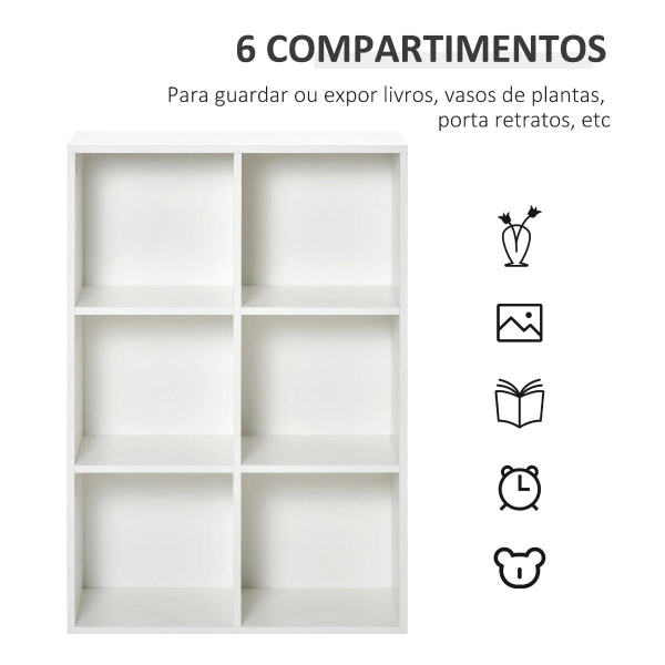 HOMCOM Estante para Livros Estante de Madeira de 3 Níveis com 6 Compartimentos de Armazenamento 65,5x30x97,5cm Branco - Image 4
