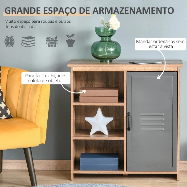 HOMCOM Aparador com Porta de Metal Móvel Auxiliar com 3 Prateleiras Abertas e Armário com Porta e Prateleira Ajustável 80x35x82cm Madeira Natural - Image 4