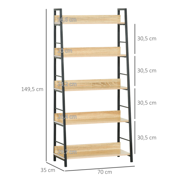 HOMCOM Estante de Estilo Industrial com 5 Níveis Estante de Sala de Estar para Livros com Estrutura de Metal 70x35x149,5 cm Natural - Image 3
