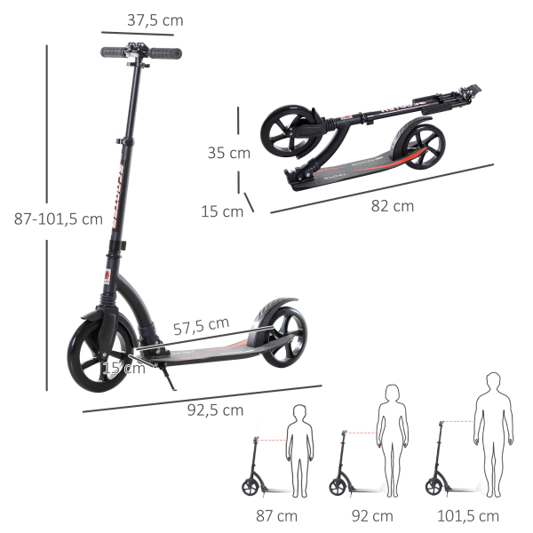 HOMCOM Trotinete dobrável de alumínio para crianças acima de 14 anos altura ajustável de 87-101 cm com 2 Rodas Grandes Travagem Carga 100 kg Preto - Image 3
