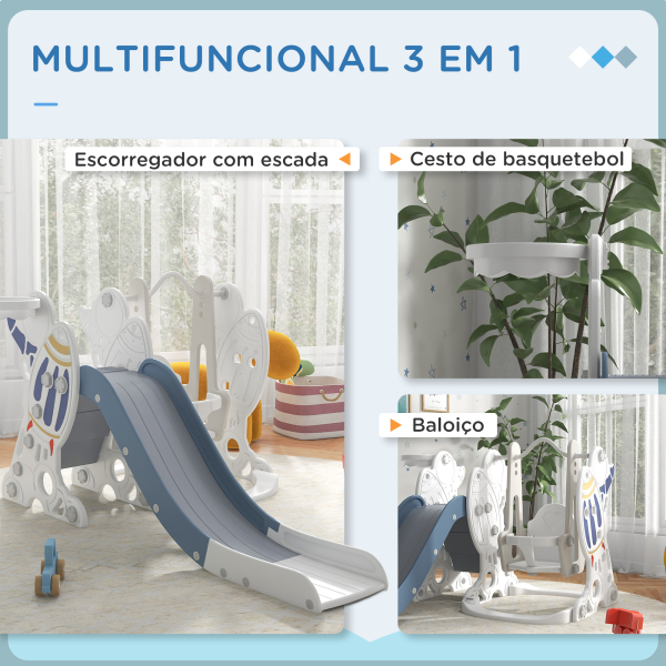 AIYAPLAY Conjunto de Escorregador e Baloiço para Crianças 3 em 1 Baloiço para Crianças de 18-48 Meses Escorregador e Cesto de Basquetebol 150x185x92 cm Branco e Azul - Image 4