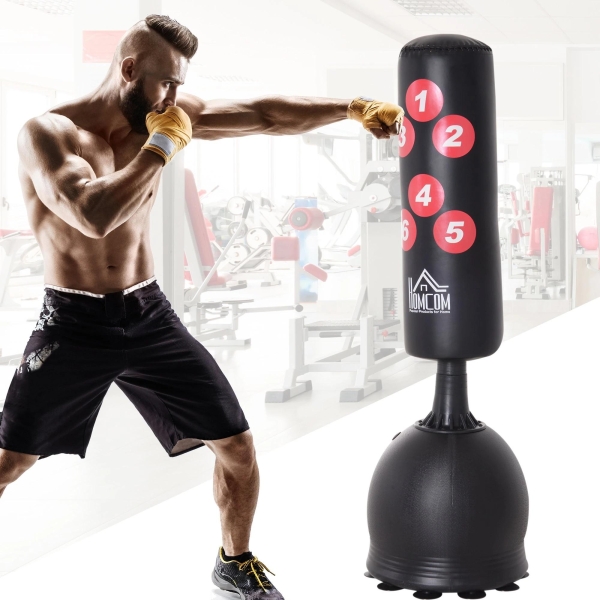 HOMCOM Saco de Boxe de Pé 165cm Sacos de Chão com Suporte para Preencher de Água ou Areia para Adultos e Crianças Preto - Image 2