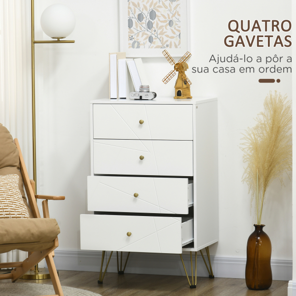 HOMCOM Cómoda de Quarto Moderna Cómoda de Madeira com 4 Gavetas e Pés Metálicos para Sala Escritório 60x40x100 cm Branco - Image 4