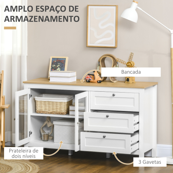 HOMCOM Aparador para Sala de Estar com 2 Portas de Vidro 3 Gavetas e Prateleira Ajustável para Cozinha Sala de Jantar 120x40x70 cm Branco e Madeira - Image 4