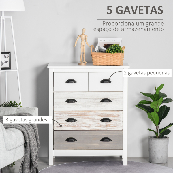 HOMCOM Cómoda com 5 Gavetas Cómoda para Dormitório Moderna com Desenho Anti-Tombo 70x38x85 cm Branco - Image 4