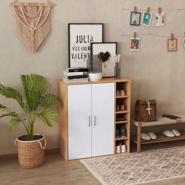 HOMCOM Sapateira com 2 Portas Prateleiras Interiores e 5 Prateleiras Exteriores com Altura Ajustável 80x32x91 cm Branco e Madeira - Image 2