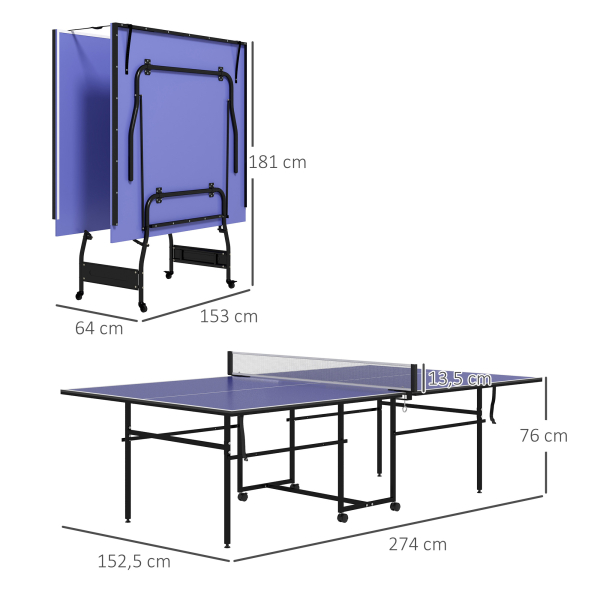 SPORTNOW Mesa de Ping Pong Dobrável Profissional com Rodas Inclui 2 Raquetes e 3 Bolas para Interior 274x152,5x76 cm Azul - Image 3