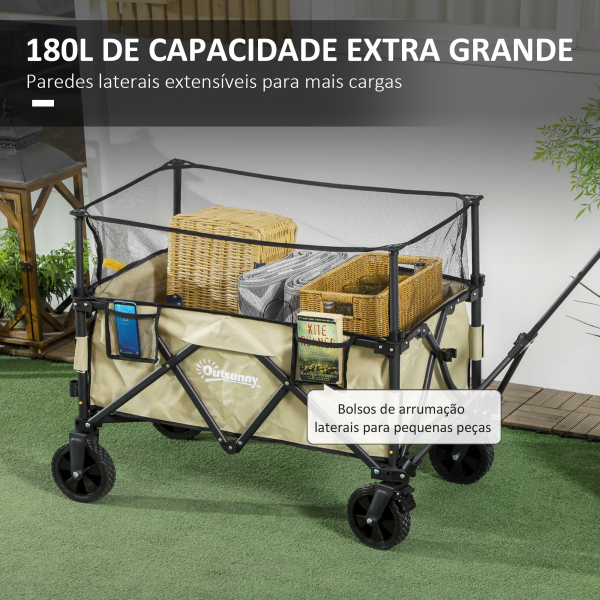 Outsunny Carrinho de Transporte Dobrável 180 L com Guiador Ajustável e Laterais Extensíveis Carga 120 kg para Jardim Praia Cáqui - Image 4