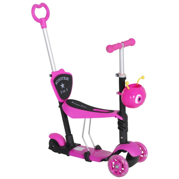 HOMCOM 5 em 1 trotinete para crianças de acima de 1 ano 3 rodas trotinete com assento removível guiador ajustável 62x25x72,5 cm Rosa
