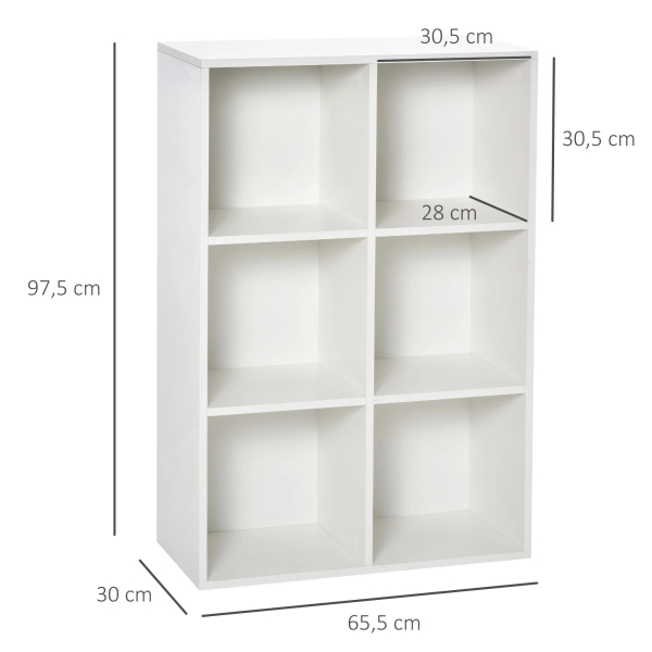 HOMCOM Estante para Livros Estante de Madeira de 3 Níveis com 6 Compartimentos de Armazenamento 65,5x30x97,5cm Branco - Image 3