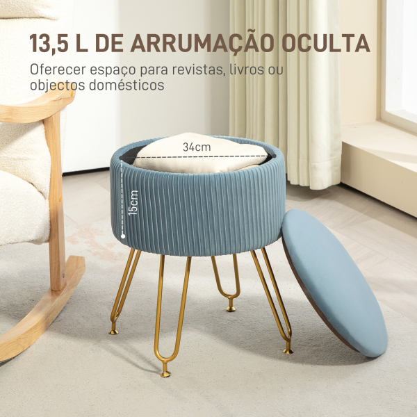 HOMCOM Puff de Armazenamento Estofado em Veludo Banco de Armazenamento com Pés de Aço Ø40x48 cm Azul Claro - Image 4