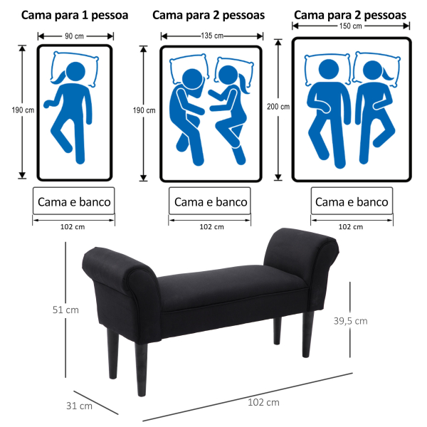 HOMCOM Banco de Pé de Cama Banco com Braços Curvados Estofado e Pés de Madeira Carga Máxima 130kg 102x31x51cm Preto - Image 4