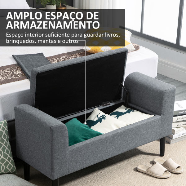 HOMCOM Banco para Pé de Cama Acolchoado com Espaço de Armazenamento Banco Multifuncional com Braços Tampa e Pés de Madeira para Dormitórios Sala de Estar 116x44x58 cm Cinza - Image 4
