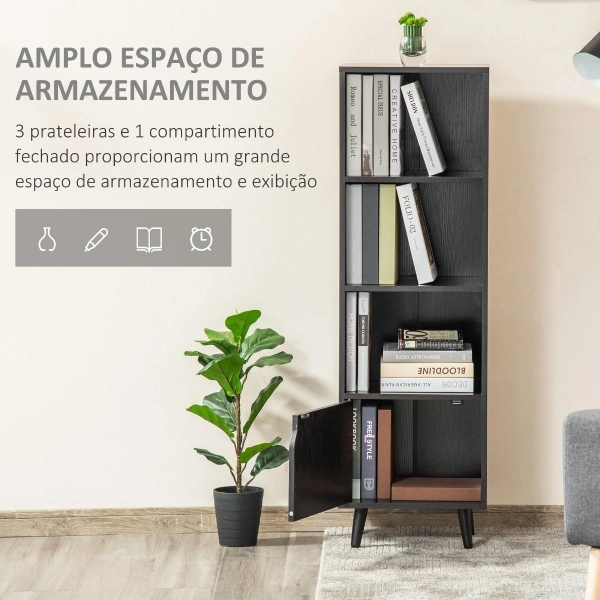 HOMCOM Estante com 3 Prateleiras Abertas e 1 Fechada com Porta Estante de Estilo Moderno para Armazenamento de Livros Brinquedos Plantas 40x30x129,5cm Preto - Image 4