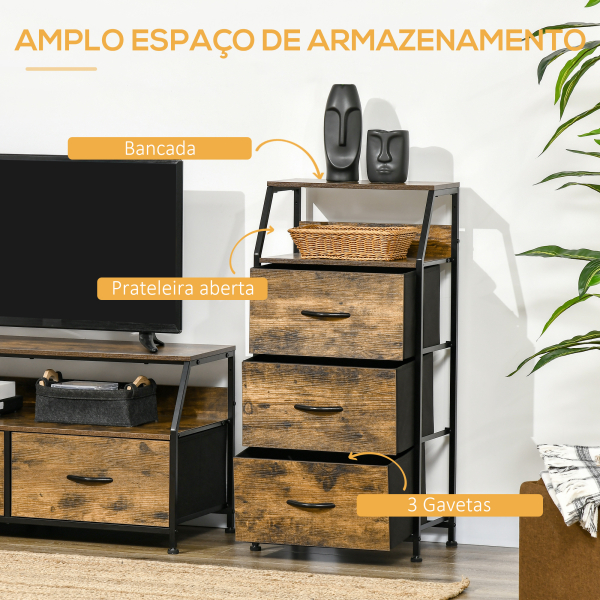 HOMCOM Cómoda com 3 Gavetas de Tecido Dobrável e Prateleira Móvel de Armazenamento Estilo Industrial 44x29x92cm Marrom Rústico - Image 4