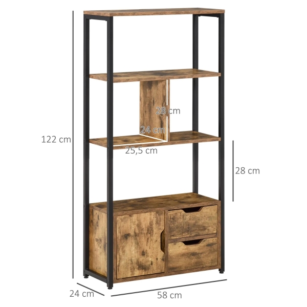 HOMCOM Estante para Livros com Armário e 2 Gavetas de Armazenamento Estante Estilo Industrial para Escritório Sala de Estar 58x24x122cm Marrom Rústico - Image 3