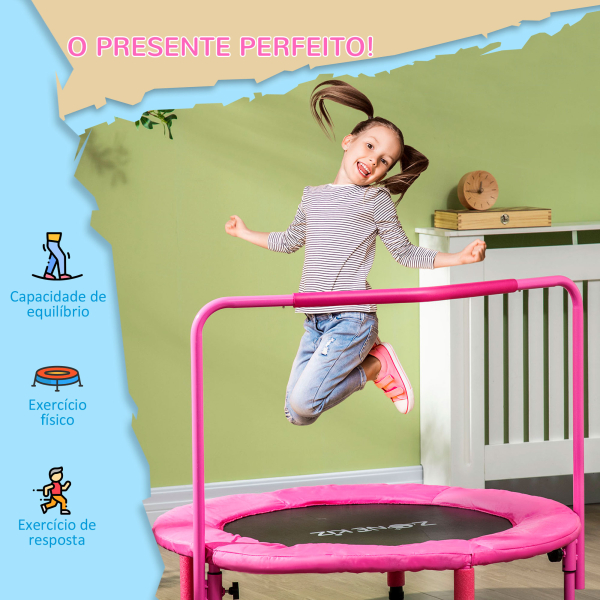ZONEKIZ Trampolim Infantil 3 em 1 para Crianças de 1-6 Anos com Corrimão Amovível Mini Trampolim para Interior Ø96x74cm Rosa - Image 4