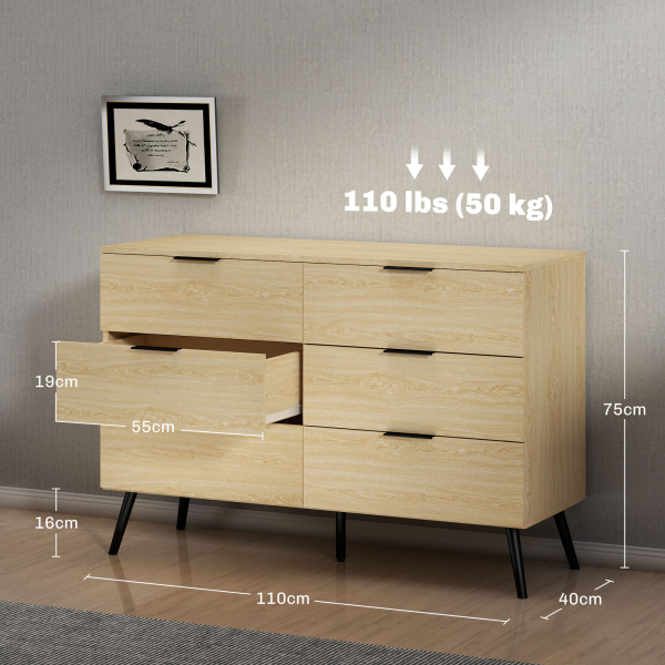 HOMCOM Cómoda com 6 Gavetas Cómoda para Dormitório Cómoda Moderna com Desenho Anti-Tombo  110x40x75 cm Carvalho - Image 3