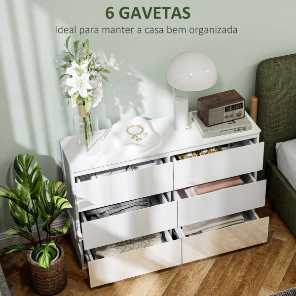 HOMCOM Cómoda com 6 Gavetas de Madeira Cómoda de Dormitório Cómoda Branca Estilo Moderno 112x34x75 cm Branco Brilhante - Image 4