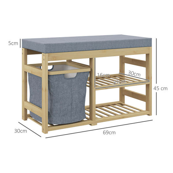 HOMCOM Banco para Sapatos de Bambu Móvel Sapateira com Assento Cesta Amovível e Prateleiras Abertas para 4 Pares de Sapatos 69x30x45 cm Madeira - Image 3