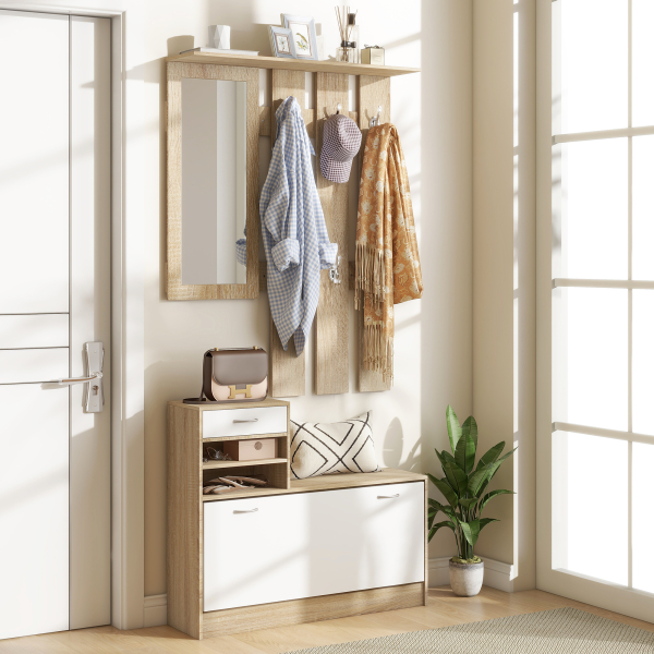 HOMCOM Móvel Cabide de Entrada de 3 Peças Armário de Entrada com Cabide Espelho Sapateira e Gaveta 90x10x102 cm Branco e Madeira - Image 2