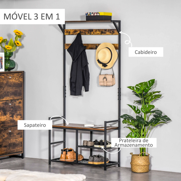 HOMCOM Móvel Cabide de Entrada com 3 Prateleiras 9 Ganchos Armário de Entrada com Cabides de Estilo Industrial 84x34,5x180cm Marrom - Image 4
