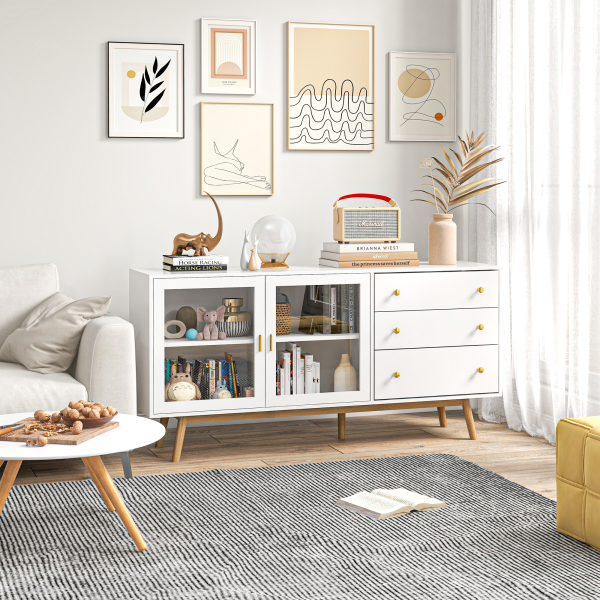HOMCOM Aparador de Sala de Estar com 2 Portas de Vidro 3 Gavetas e Pés de Madeira de Borracha 160x40x80 cm Branco e Madeira - Image 2