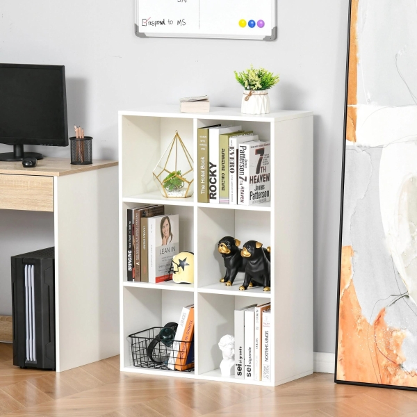 HOMCOM Estante para Livros Estante de Madeira de 3 Níveis com 6 Compartimentos de Armazenamento 65,5x30x97,5cm Branco - Image 2
