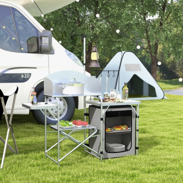 Outsunny Móvel de Cozinha para Campismo Dobrável com Mesas Estante Suporte de Luz e Ganchos 144x48x119 cm Prata e Cinza Claro - Image 2