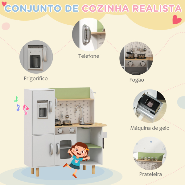 AIYAPLAY Cozinha de Madeira para Crianças com Máquina de Gelo Lavatório de Aço Inoxidável e Utensílios 84x34x89 cm Branco - Image 4