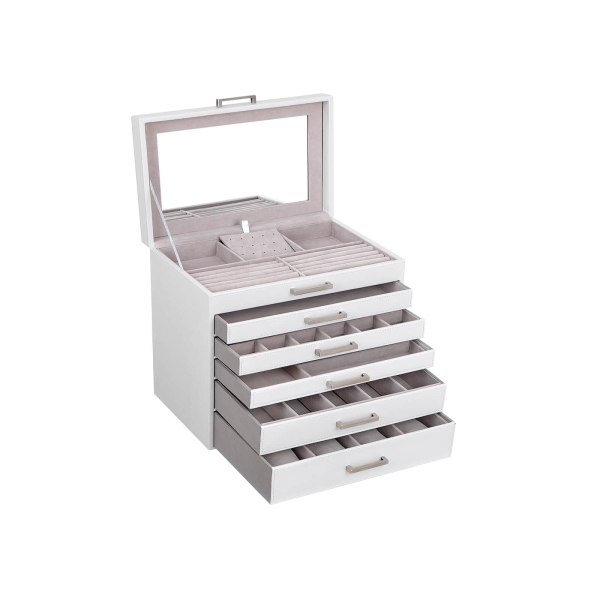 Caixa de joias SONGMICS, organizador de joias, estojo grande para joias, com 6 camadas e 5 gavetas, branco JBC138