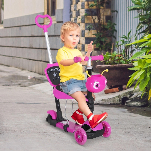 HOMCOM 5 em 1 trotinete para crianças de acima de 1 ano 3 rodas trotinete com assento removível guiador ajustável 62x25x72,5 cm Rosa - Image 2