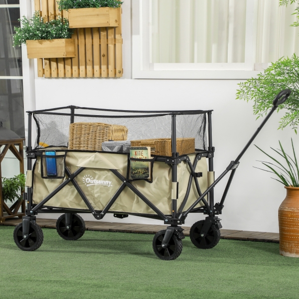 Outsunny Carrinho de Transporte Dobrável 180 L com Guiador Ajustável e Laterais Extensíveis Carga 120 kg para Jardim Praia Cáqui - Image 2