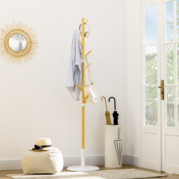 HOMCOM Cabide de Pé de Bambu Moderno com 8 Ganchos para Roupas Bolsas Ø37,8x175,6 cm Madeira e Branco - Image 2