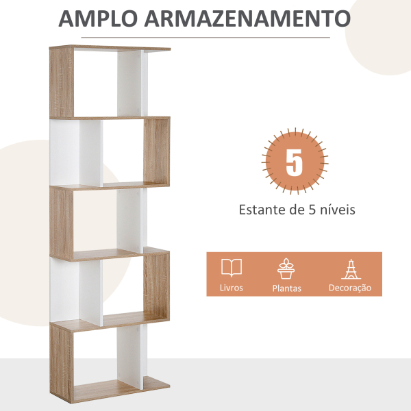 HOMCOM Estante para Livros Estante Alta de Parede com 5 Níveis em Forma de S Desenho Moderno 60x24x184,5cm Branco e Madeira - Image 4
