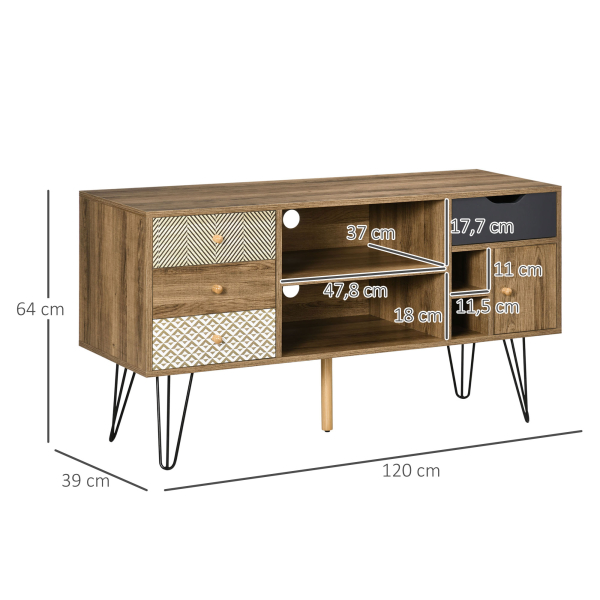 HOMCOM Móvel de TV com Prateleira de Armazenamento 4 Gavetas e Pés de Metal para Televisores de até 50 Polegadas 120x39x64cm Marrom - Image 3
