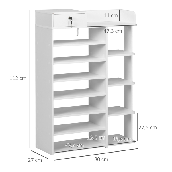 HOMCOM Sapateira de Madeira Móvel para Sapatos com 11 Prateleiras Abertas para 18 Pares de Sapatos 80x27x112 cm Branco - Image 3