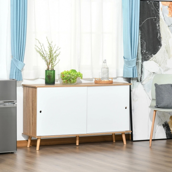 HOMCOM Móvel Aparador tipo Buffet para Sala de Jantar Cozinha com 2 Portas Corredeiras Prateleiras Interior Ajustáveis e Pés de Madeira 130x40x74,5cm Natural e Branco - Image 2